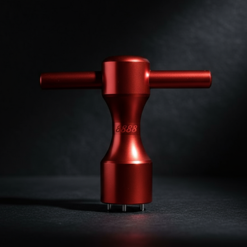 Red metal tool or device on a dark background