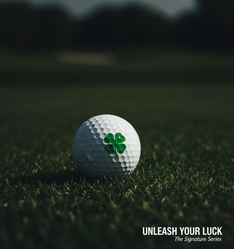 Golf ball with a green clover design on grass, featuring text 'Unleash Your Luck'.