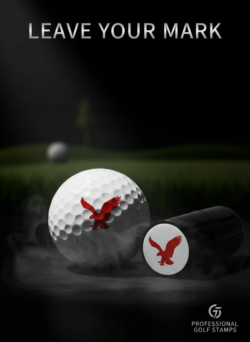 Golf ball with a red eagle logo and a stamp on a dark background with text 'Leave Your Mark'.