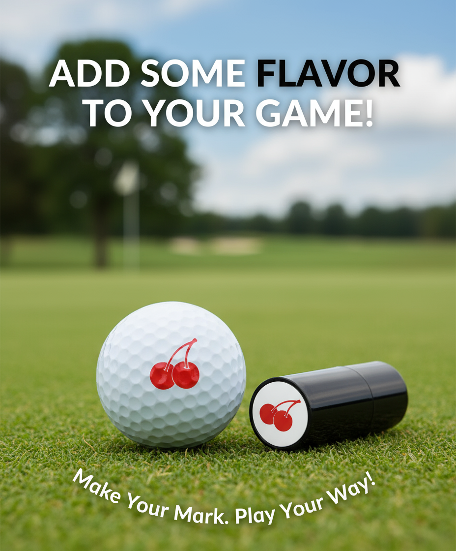 Golf ball with cherry design and a container on a golf course with promotional text.