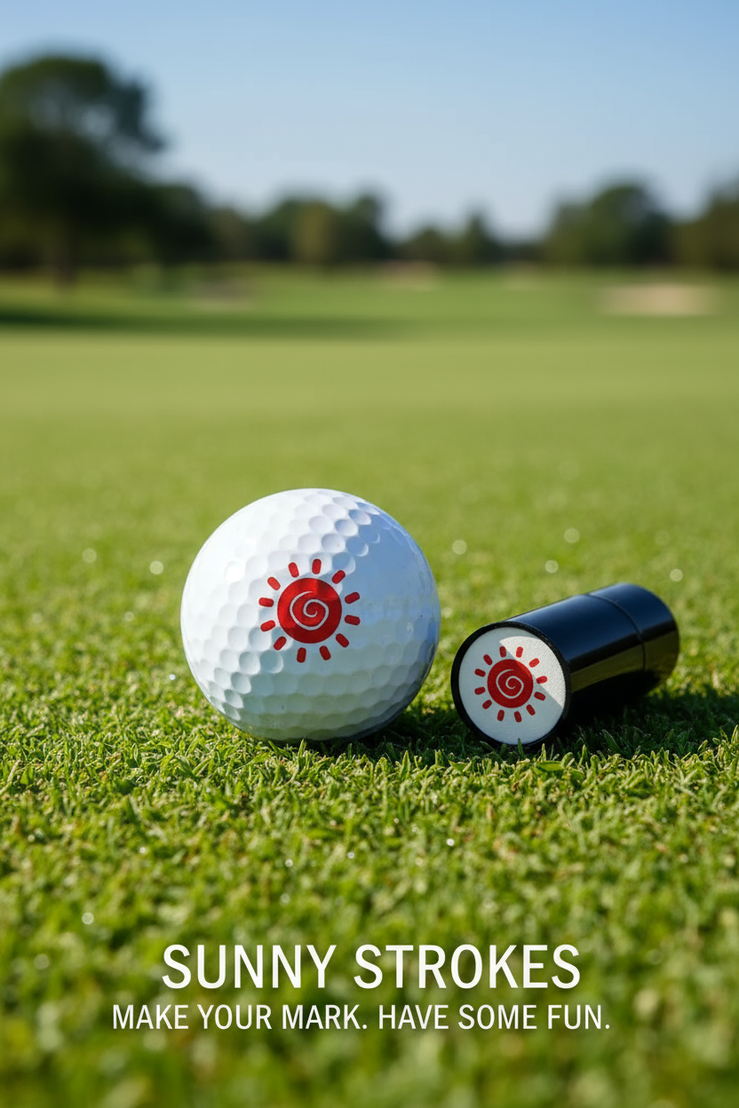 Golf ball and marker on grass with Sunny Strokes branding