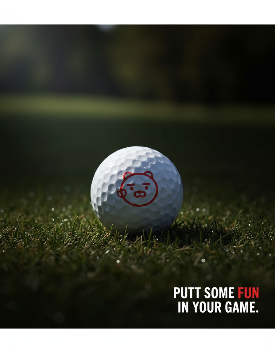 Golf ball with a face drawing on grass with text 'Putt some fun in your game'.