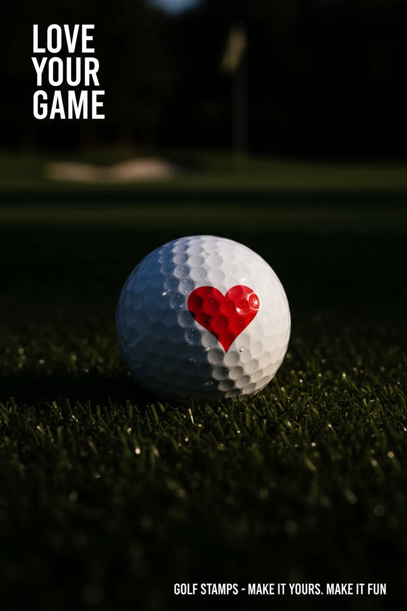 Golf ball with a red heart on a grassy background with 'Love Your Game' text.