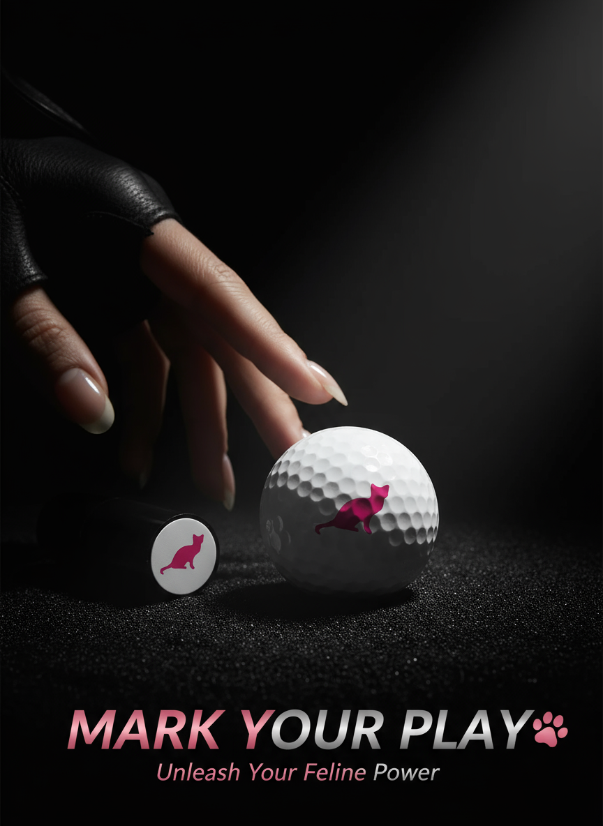 Golf ball with a paw print design and a hand in a black glove on a dark background, with text 'Mark Your Play' and 'Unleash Your Feline Power'.