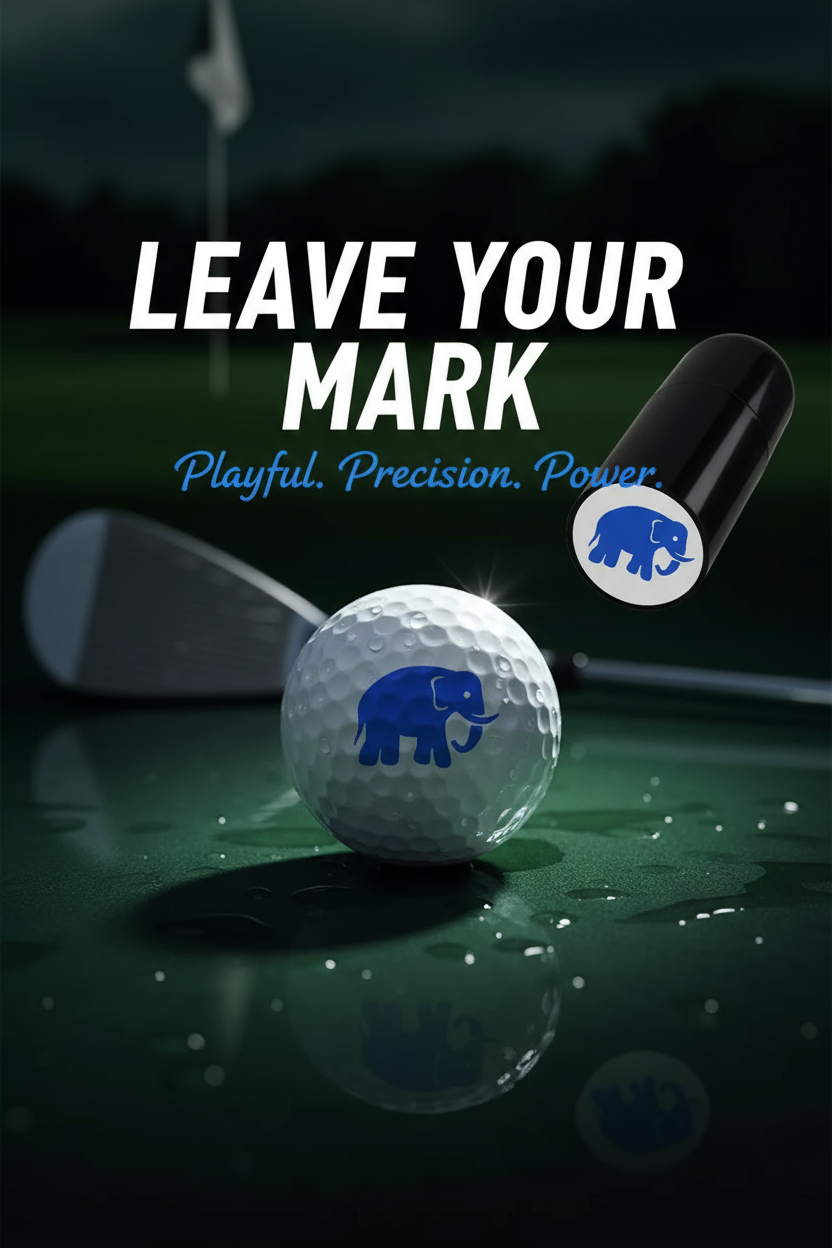 Golf ball with a logo on a green surface, with text 'Leave Your Mark' and 'Playful. Precision. Power'.