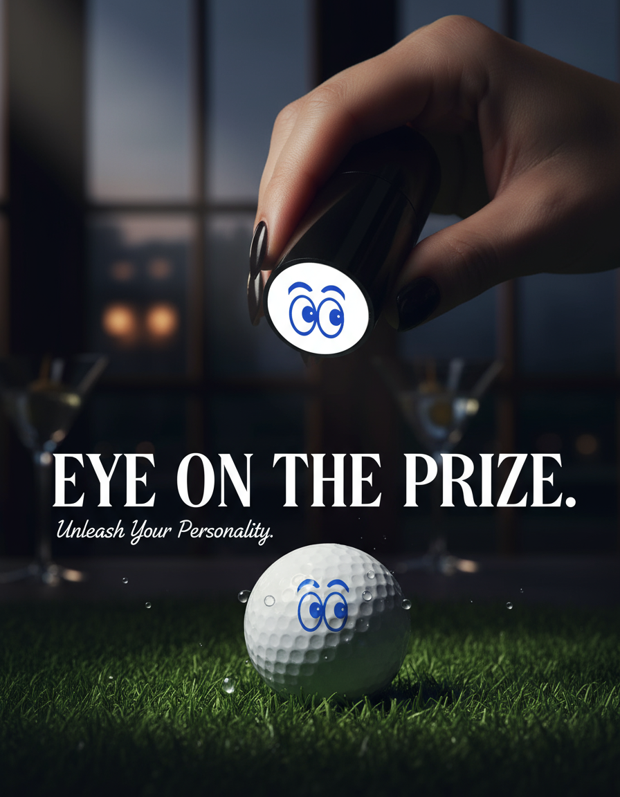 Golf ball with 'Eye on the Prize' logo and text on grass, blurred background