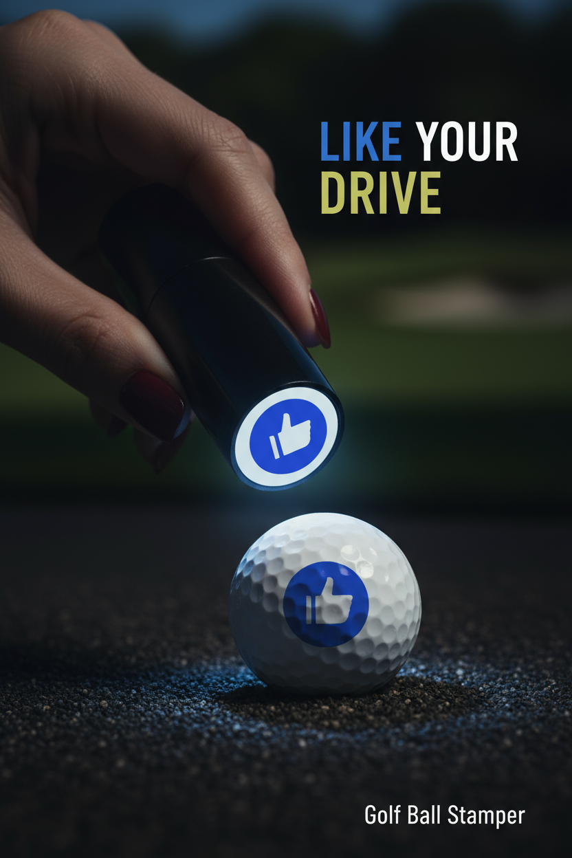 Golf ball with a stamper pressing down on it, featuring 'Like Your Drive' text.
