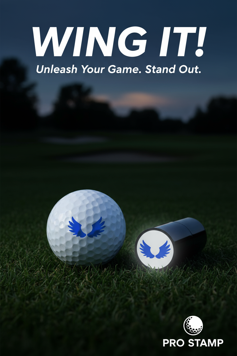 Golf ball and marker with 'Wing It!' branding on a golf course at dusk.