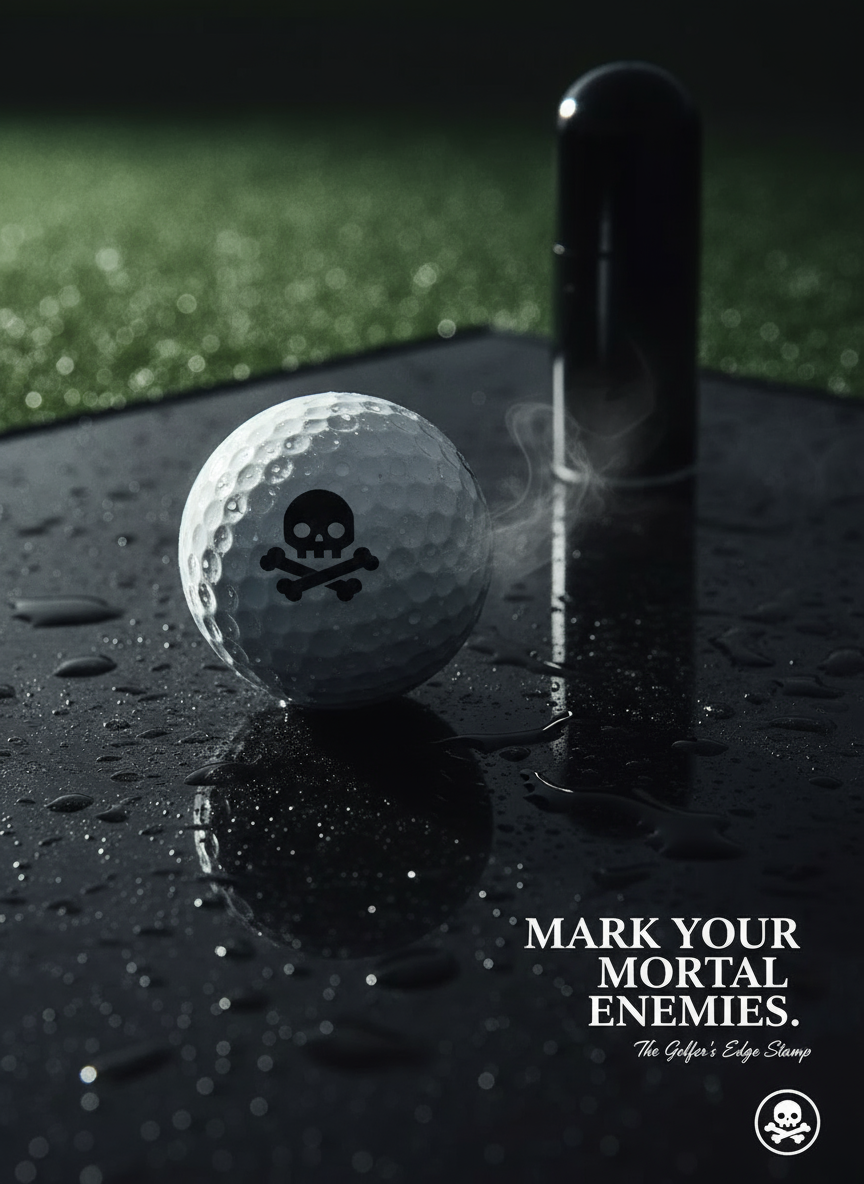 Golf ball with skull and crossbones design on a black surface, with text 'Mark Your Mortal Enemies' and logo.