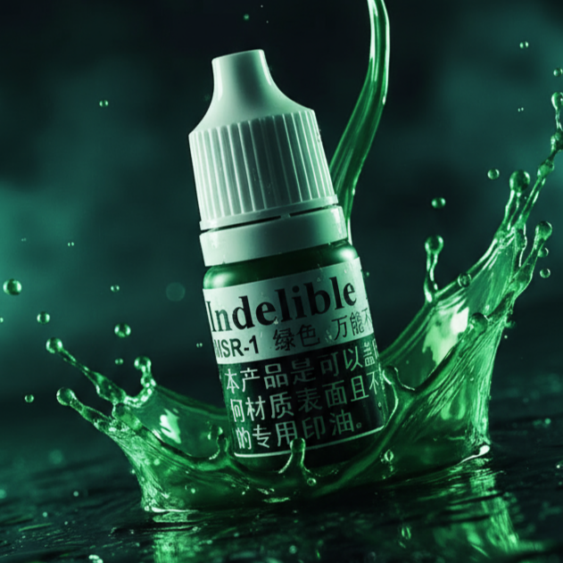 Bottle of green liquid with water splashes on a dark background, featuring the brand 'Indelible'.