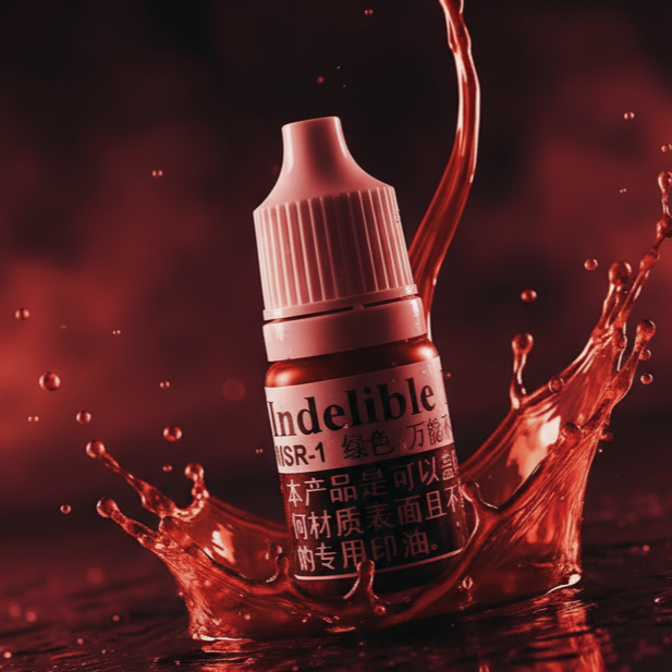 Bottle of Undelible Red paint with splashes on a dark background