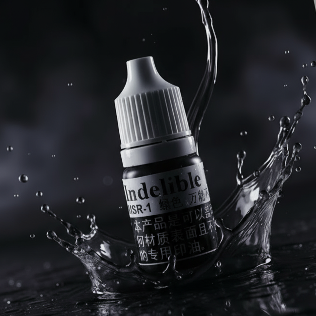 Bottle of 'Indelible' product with water splashes on a dark background