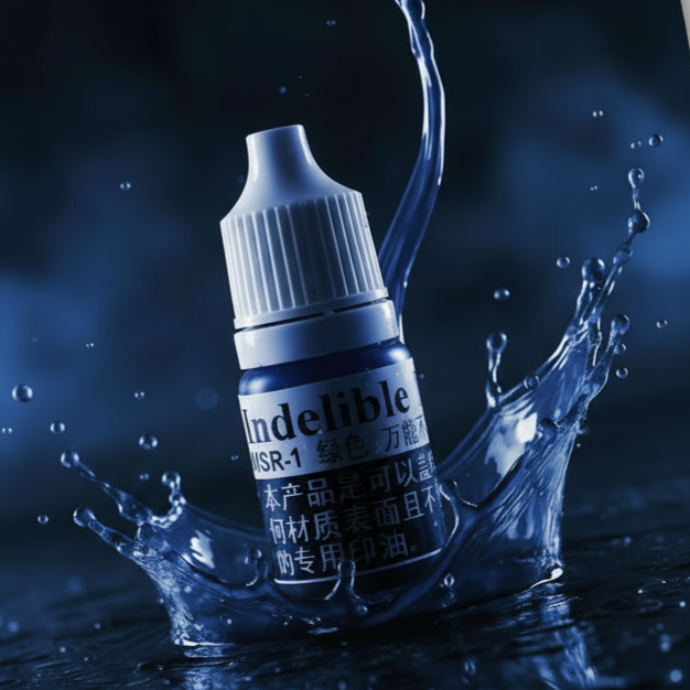 Bottle of Indelible product with water splash on a dark background