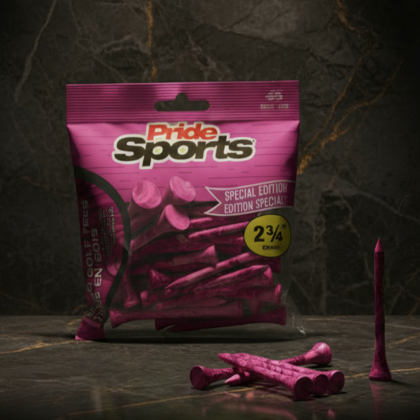 Pink PrideSports golf tees package with paint-splatter design on dark stone background, accompanied by scattered pink tees and the tagline 'Elevate Your Game'
