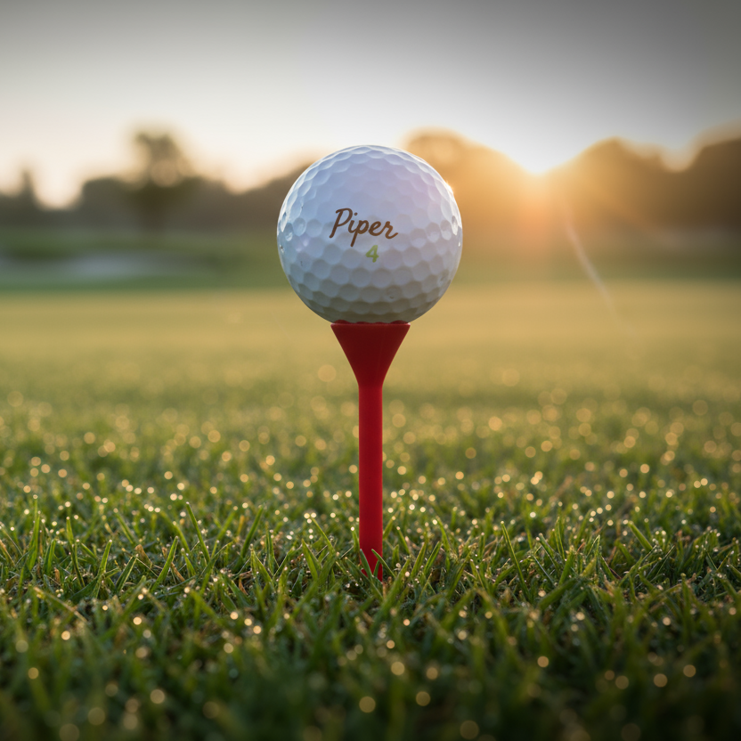 Golf ball on a red tee in a golf course with a sunset in the background
