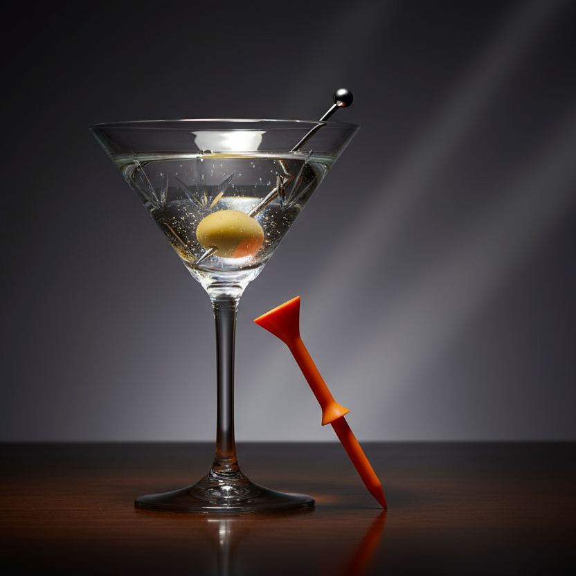 Martini glass with olive and orange step-up golf tee on a dark background