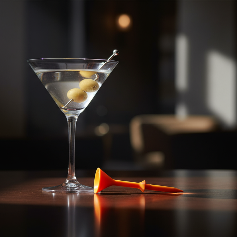 Martini glass with olives and a orange tee on a dark surface