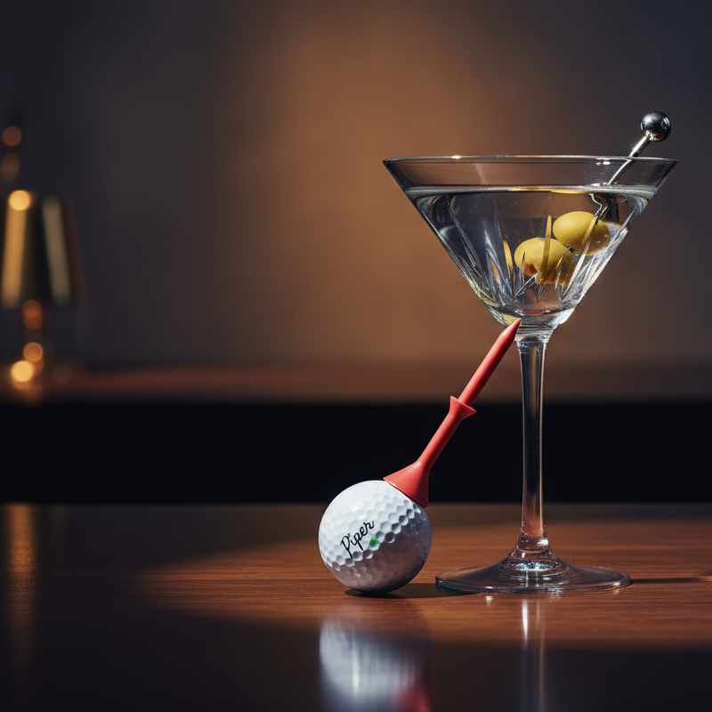 Martini glass with olives and a golf ball on a wooden surface