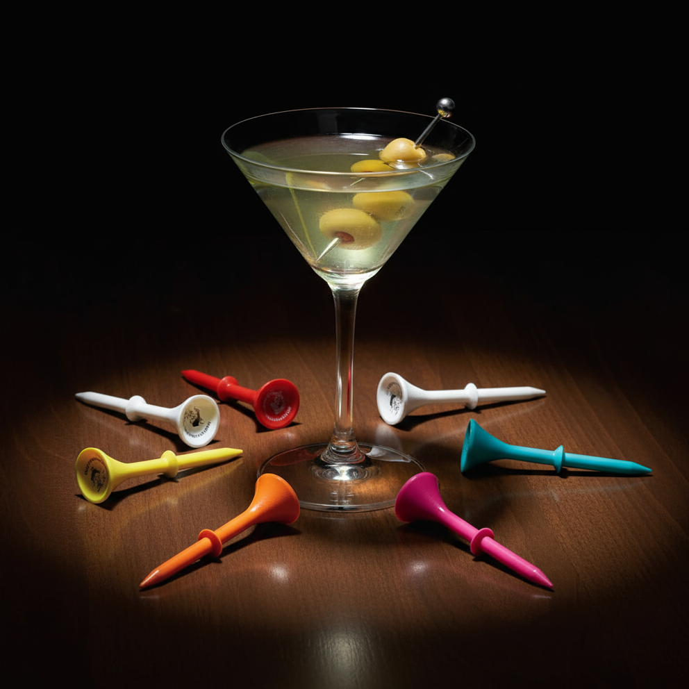 Cocktail with olives in a martini glass surrounded by colorful golf tees on a dark surface.