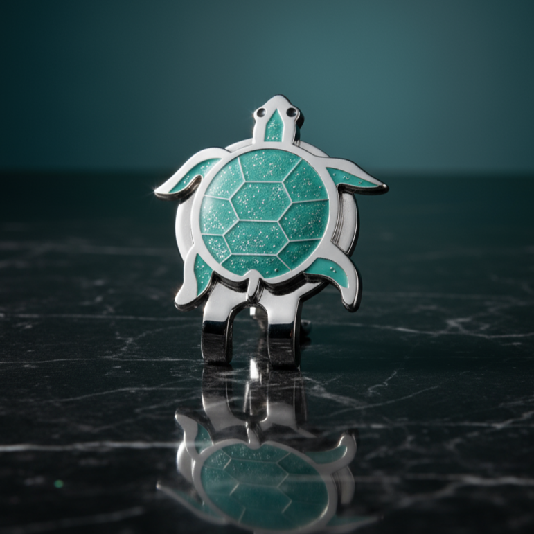 Turtle-shaped object with geometric pattern on a reflective surface, branded 'Ocean Links'.