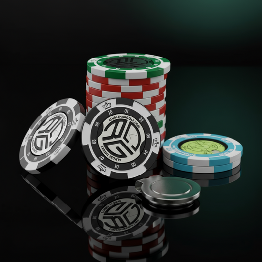 Poker chips with a distinctive logo on a reflective surface