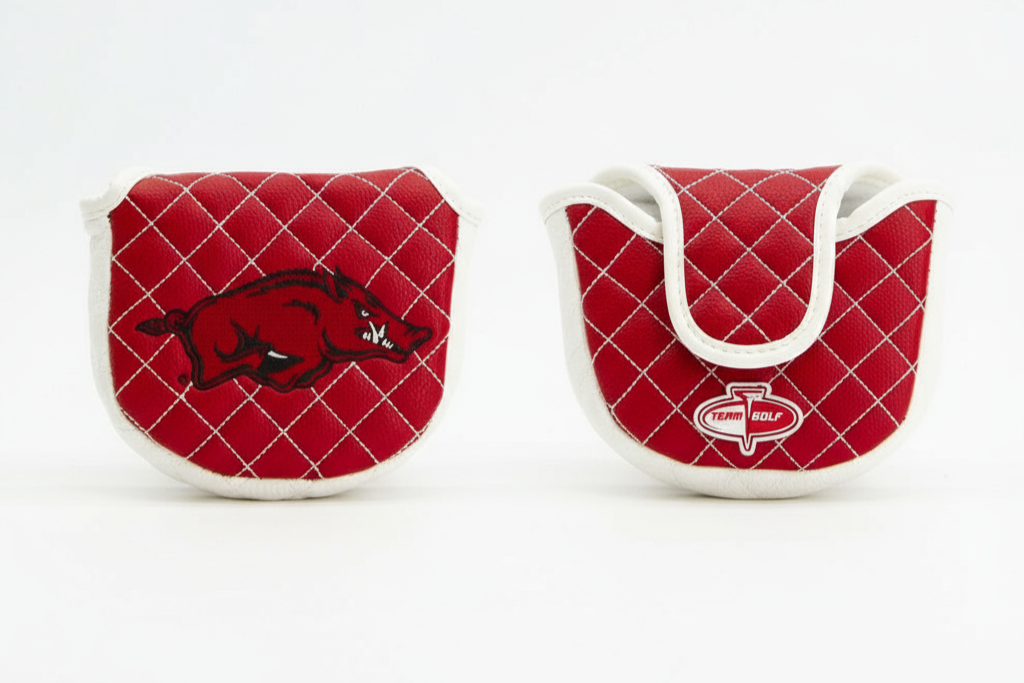 Two red golf bag covers with logos on a white background