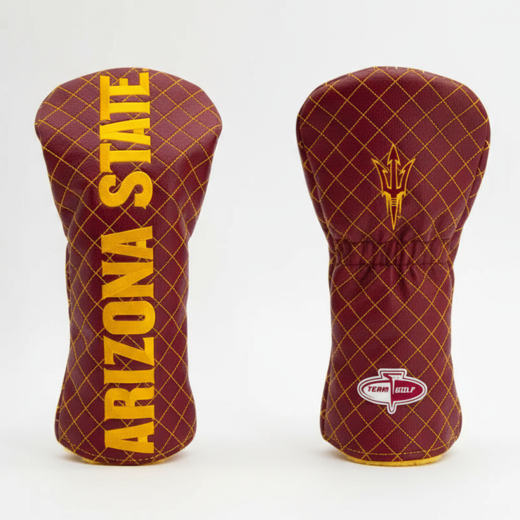Two maroon and gold golf club head covers with 'Arizona State' text on a white background