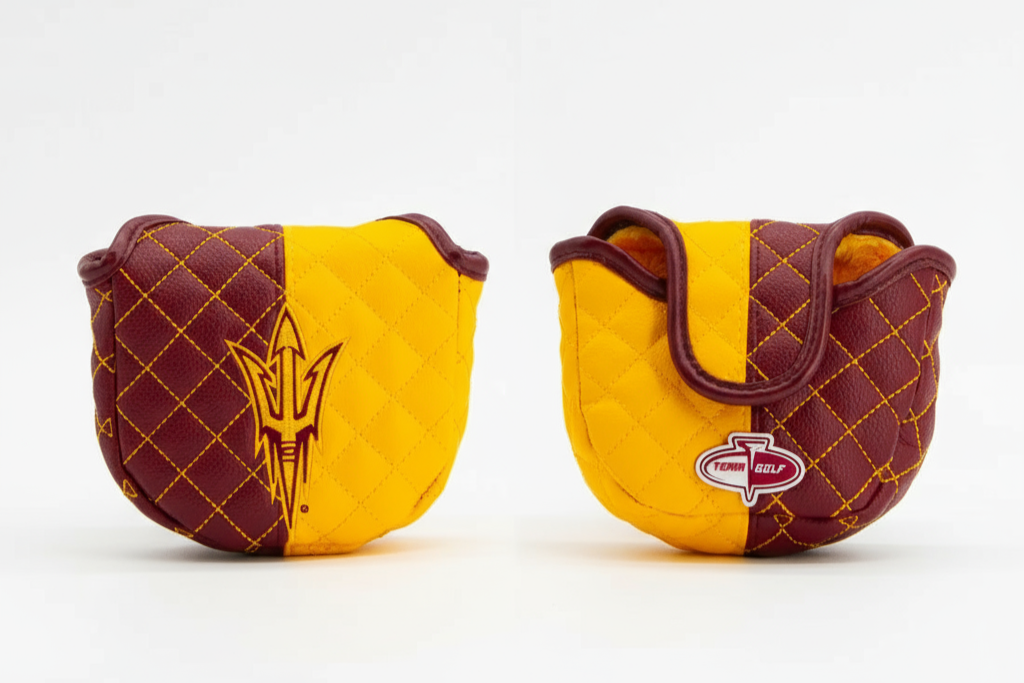 Two quilted golf club covers, one with a logo on a white background