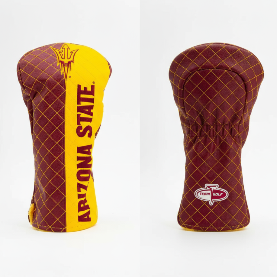 Maroon and yellow golf club head covers with Arizona State logo on a white background