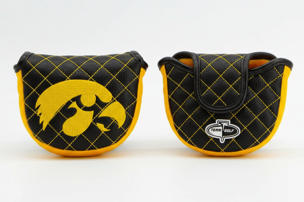 Two golf club covers with a yellow and black design on a white background