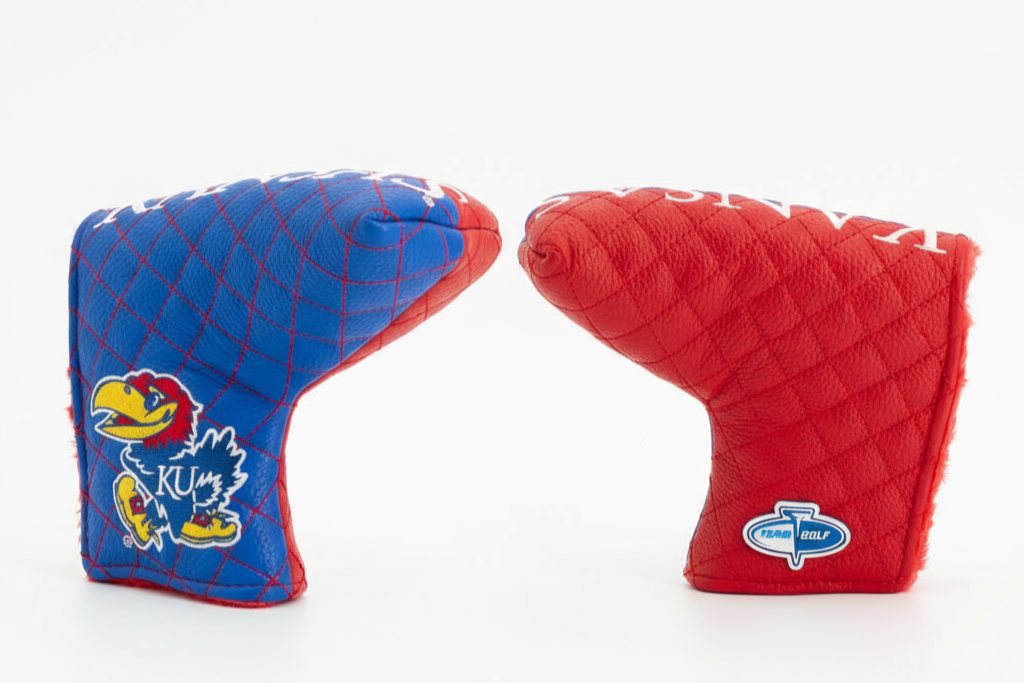 Blue and red quilted golf club head covers with logos on a white background