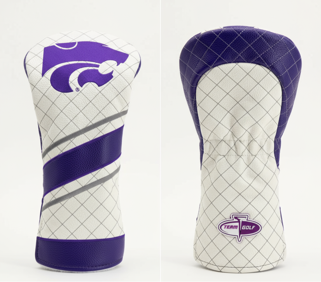 Golf club head covers with purple and white design on a light gray background