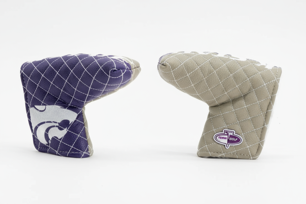 Two golf club head covers, one purple and white, the other gray and white, on a white background.