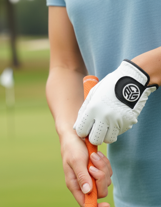 Person holding a golf club on a golf course