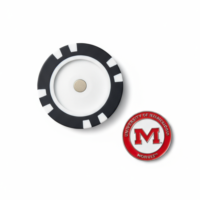Black and white circular object with a red and white logo on a white background