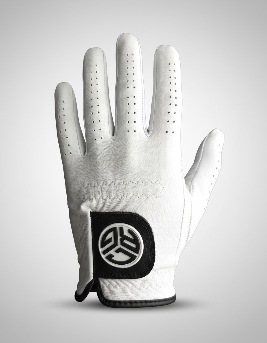 White golf glove with a black logo on a light gray background