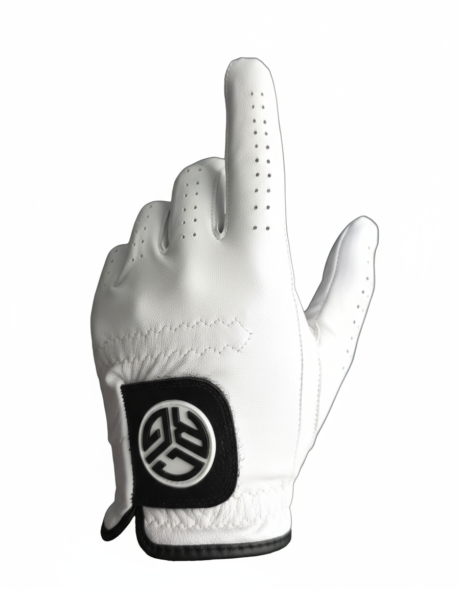 White golf glove with a black logo on a white background