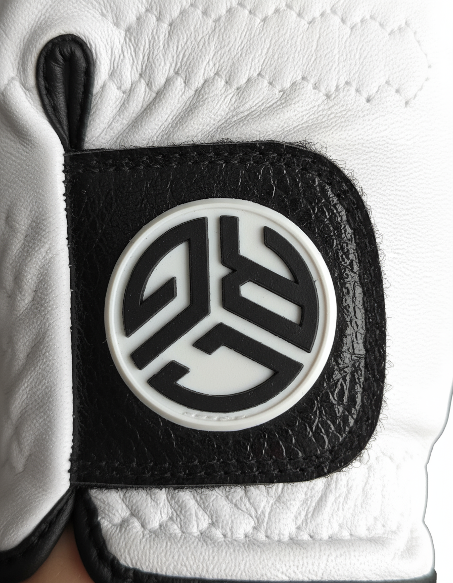 Close-up of a black and white logo on a white background