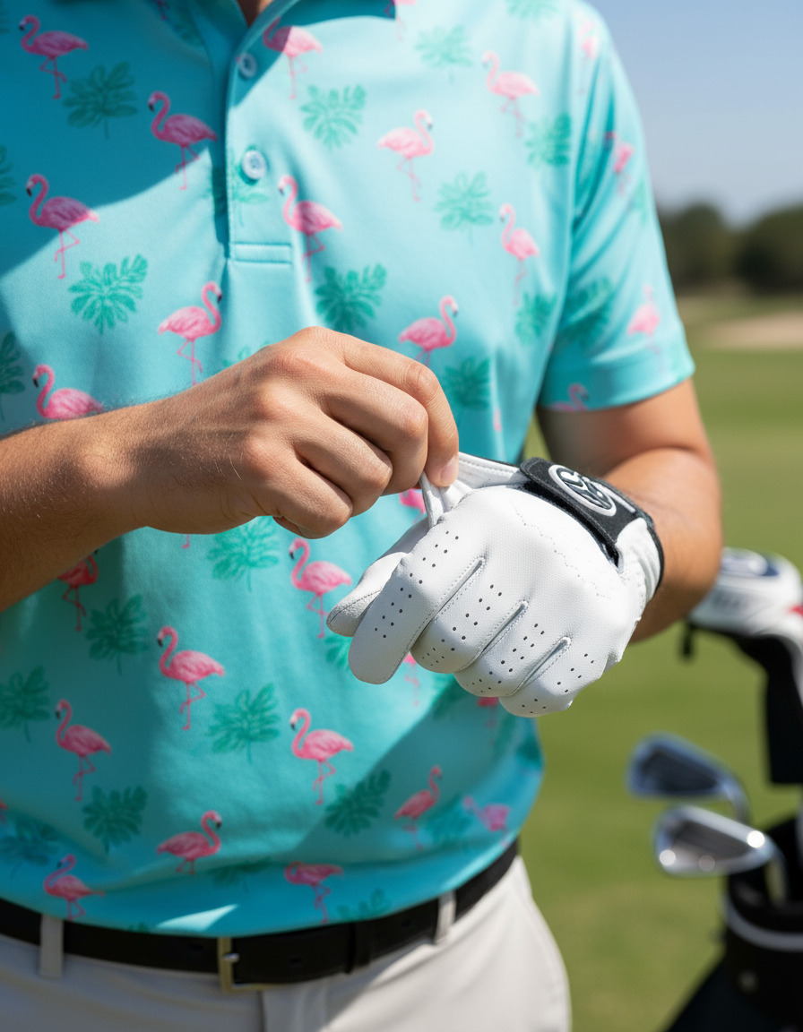 Person wearing a turquoise golf shirt with flamingo pattern, holding a white golf glove on a golf course.