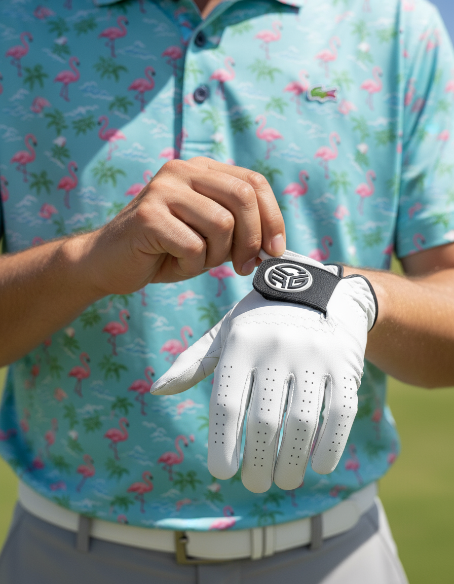 Person wearing a colorful polo shirt holding a white golf glove with a brand logo.
