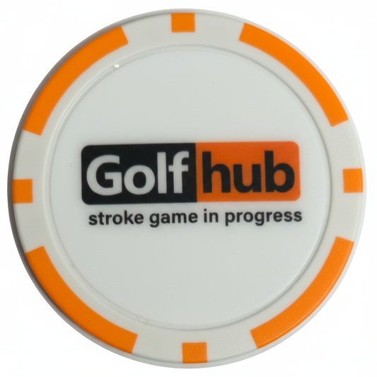 Golf hub marker with orange accents on a white background
