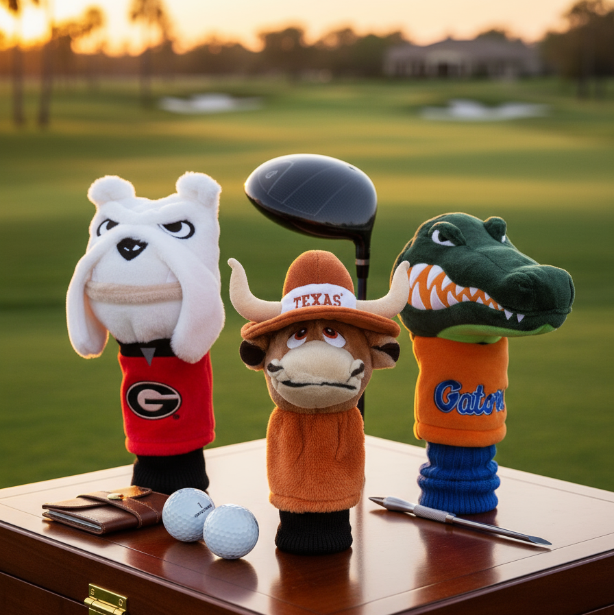 Three golf club covers with animal designs on a wooden box with a golf course in the background.