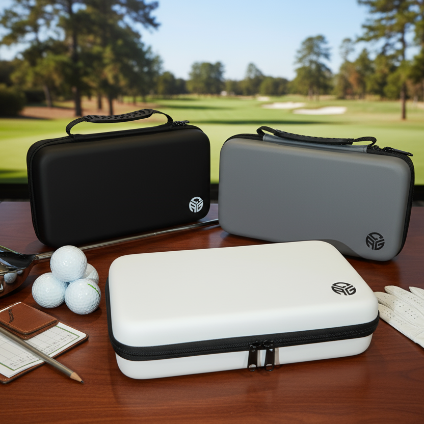 Golf accessories including clubs, balls, and cases on a table with a golf course background.