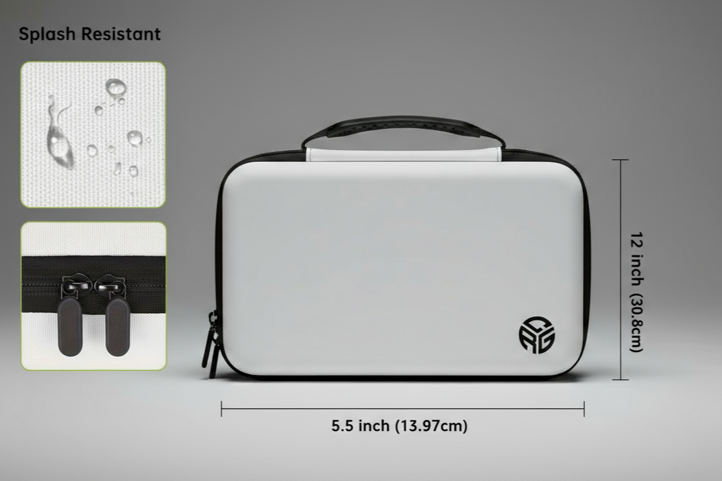 White carrying case with black handle and visible brand logo, shown with dimensions and splash resistance indicators on a gray background.