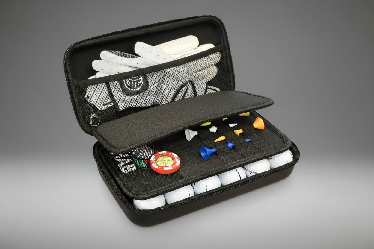 Golf accessories including gloves, tees, and balls in a black case on a gray background