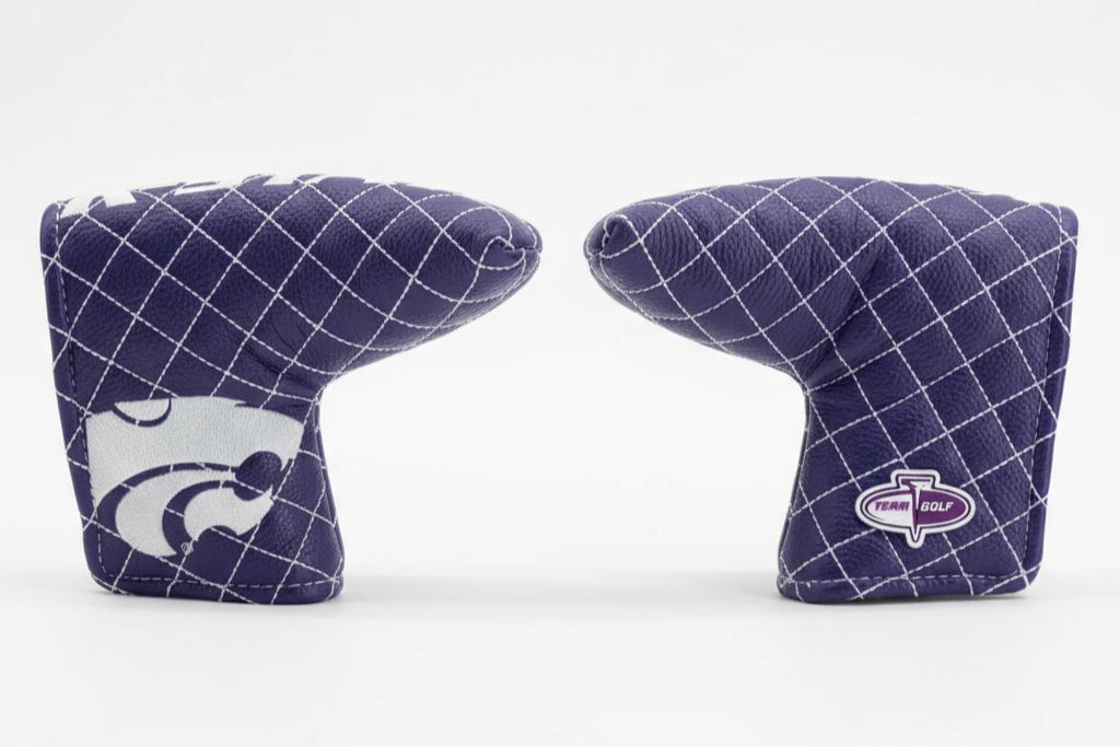 Two purple golf club covers with grid pattern on a white background