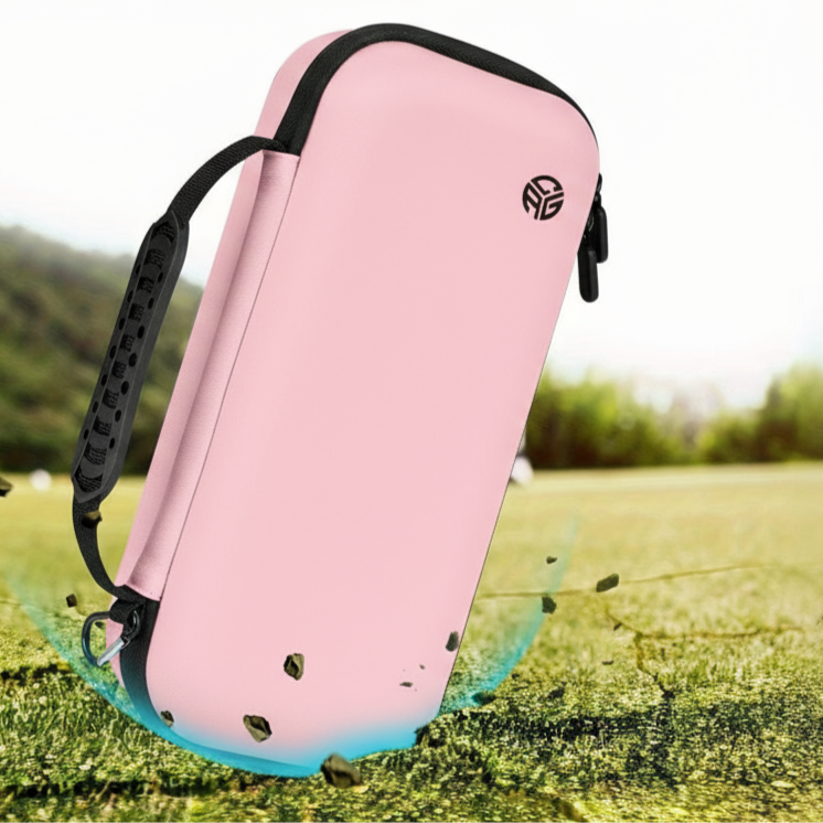 Pink hard shell case with a green background