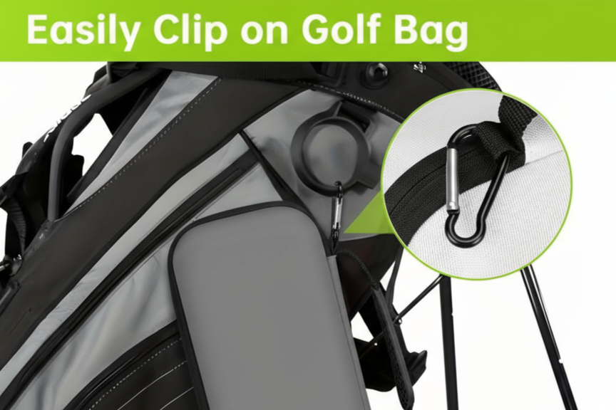 Golf bag with a clip-on device attached, featuring a close-up of the clip.