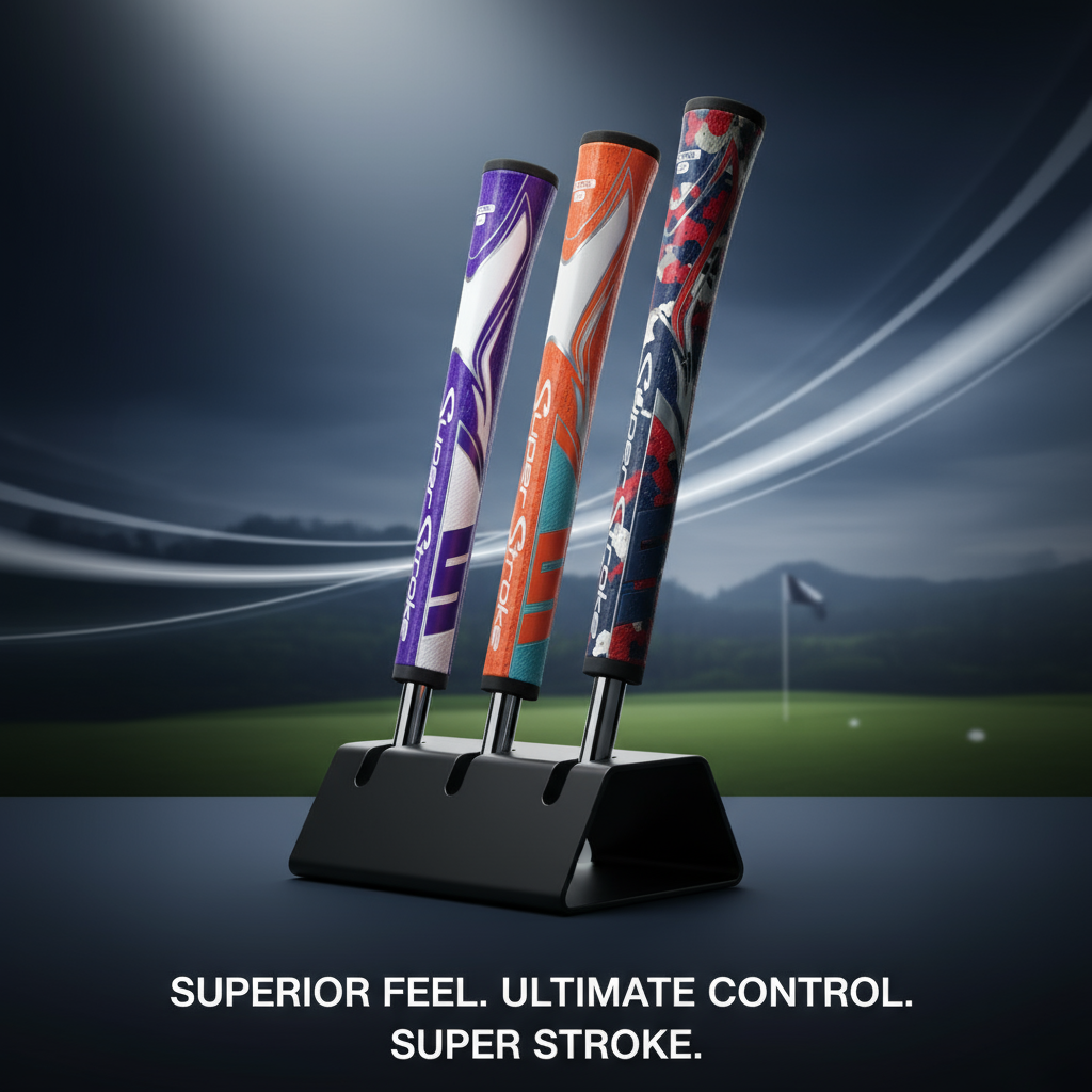Three golf grips on a stand with a blurred golf course background