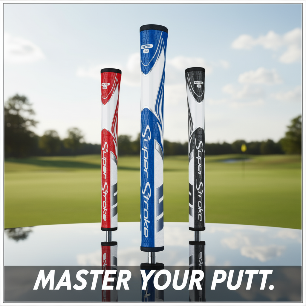 Three golf club grips with 'SuperStroke' branding on a reflective surface with a golf course background.